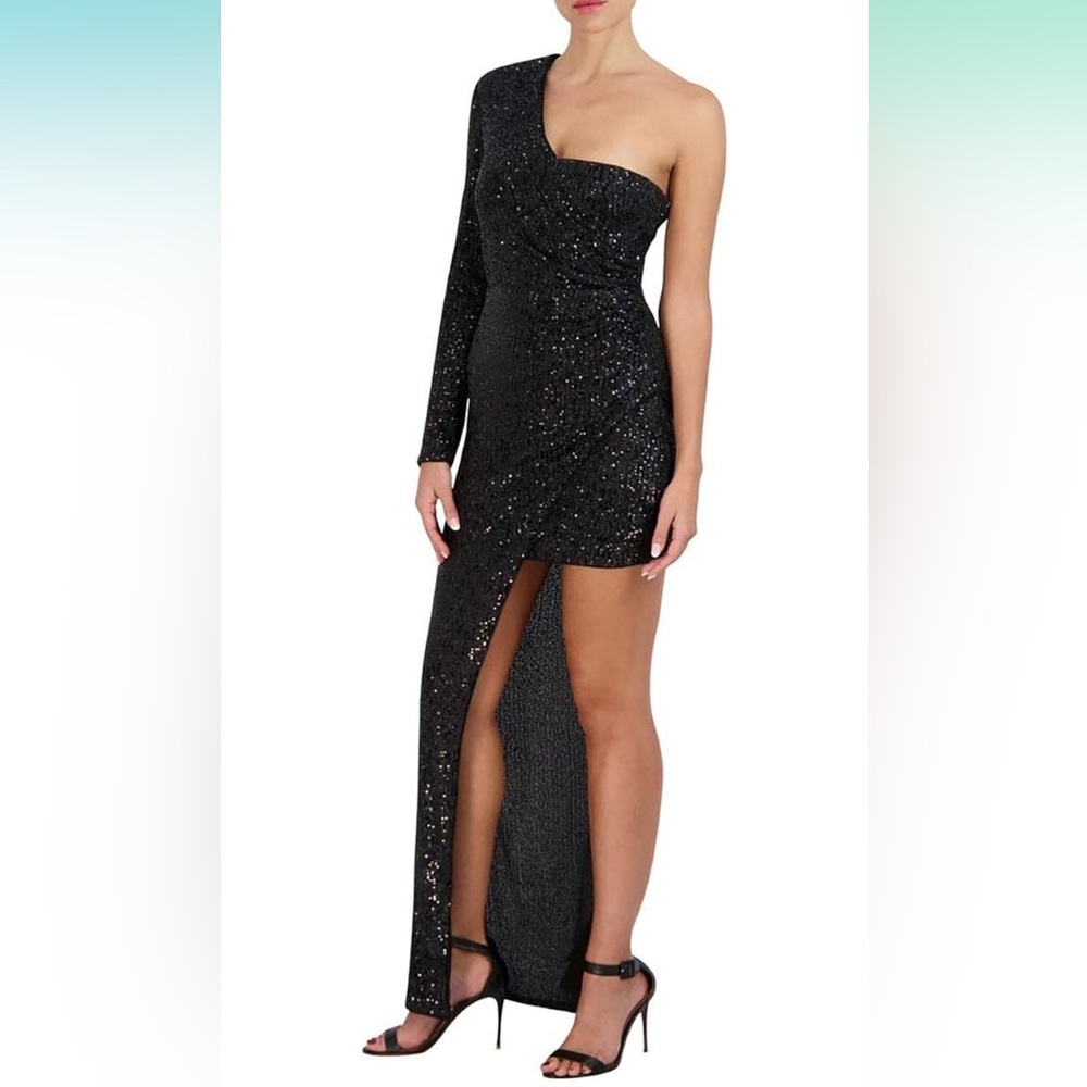 BCBGMAXAZRIA Floor Length Evening Gown One Long Sleeve  High Low Hem Dress